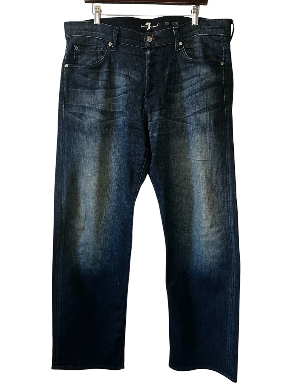 7 For All Mankind Men’s Dark Blue Wash Relaxed Fit Straight Leg Jeans- 36x33
